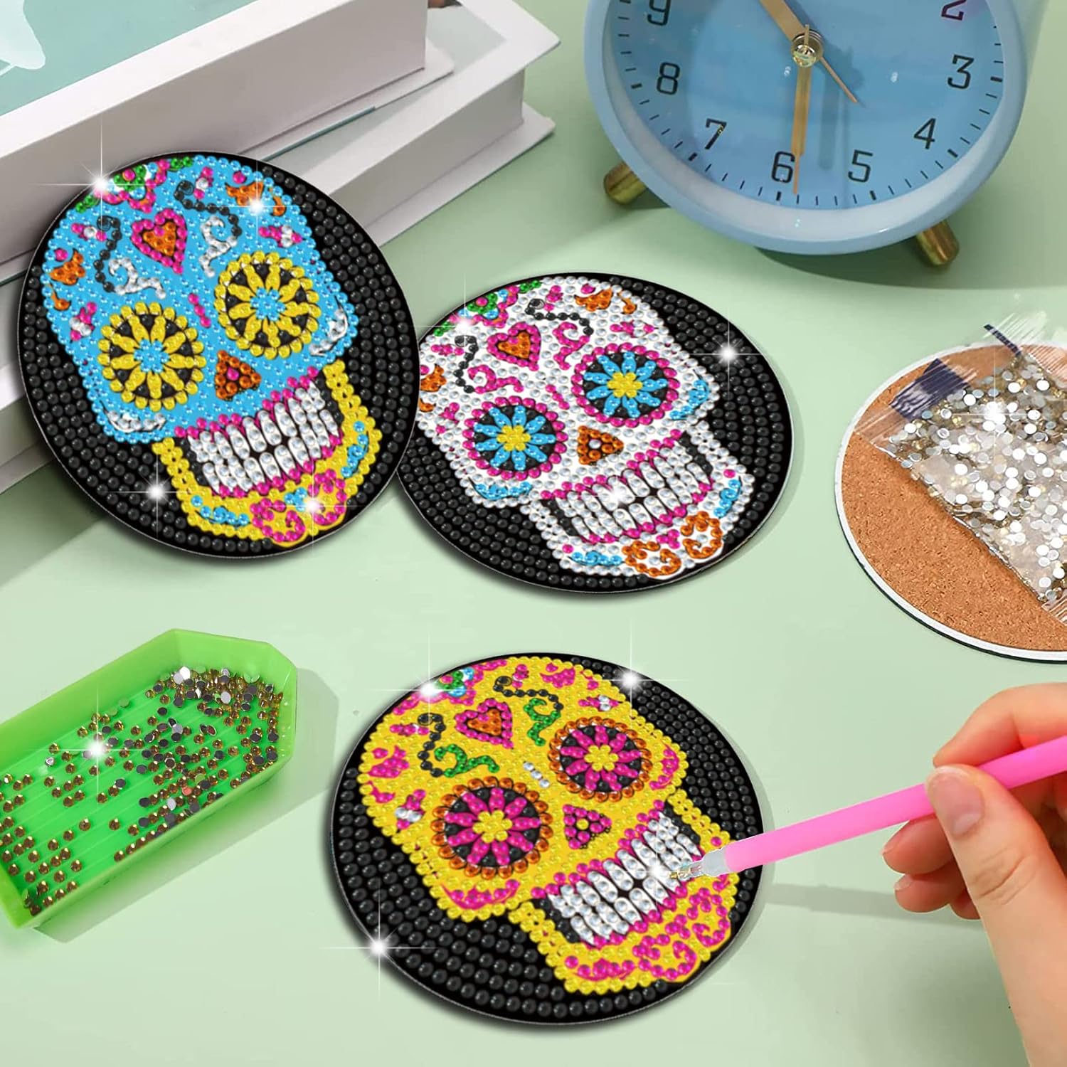 6 Pcs Skull DIY Diamond Paintings Coasters Kits with Holder,Skeleton Flower 5D Diamond Art Coasters Set,Full Drill Rhinestone Painting Kits for Adults & Kids,Beginners Art Craft Supplies - Image 5