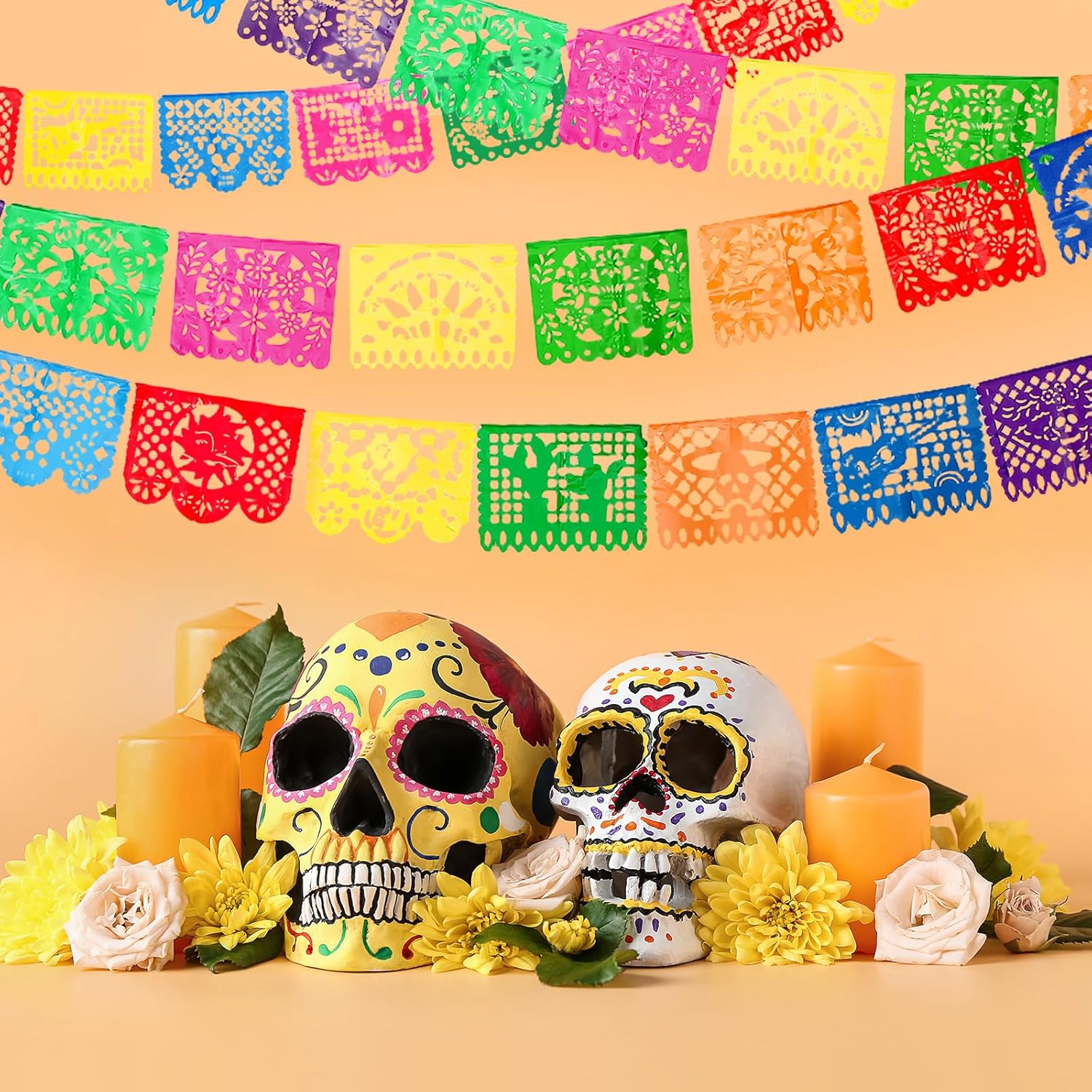 4 Packs Mexican Party Banner 60 Feet Fiesta Plastic Papel Picado Banner Cinco de Mayo Dia De Los Muertos Decor Day of The Dead Decorations Mexican Fiesta Themed Party Decorations Supplies - Image 2