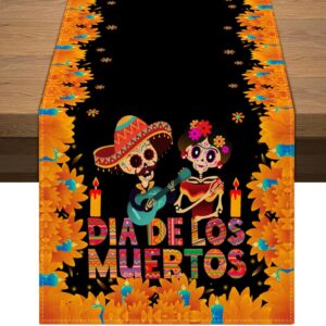 Mexican Day of The Dead Table Runner Mexico Dia De Los Muertos Sugar Skull Table Cover Dining Room Kitchen Home Indoor Outdoor Holiday Party Table Decoration (13" x 72")