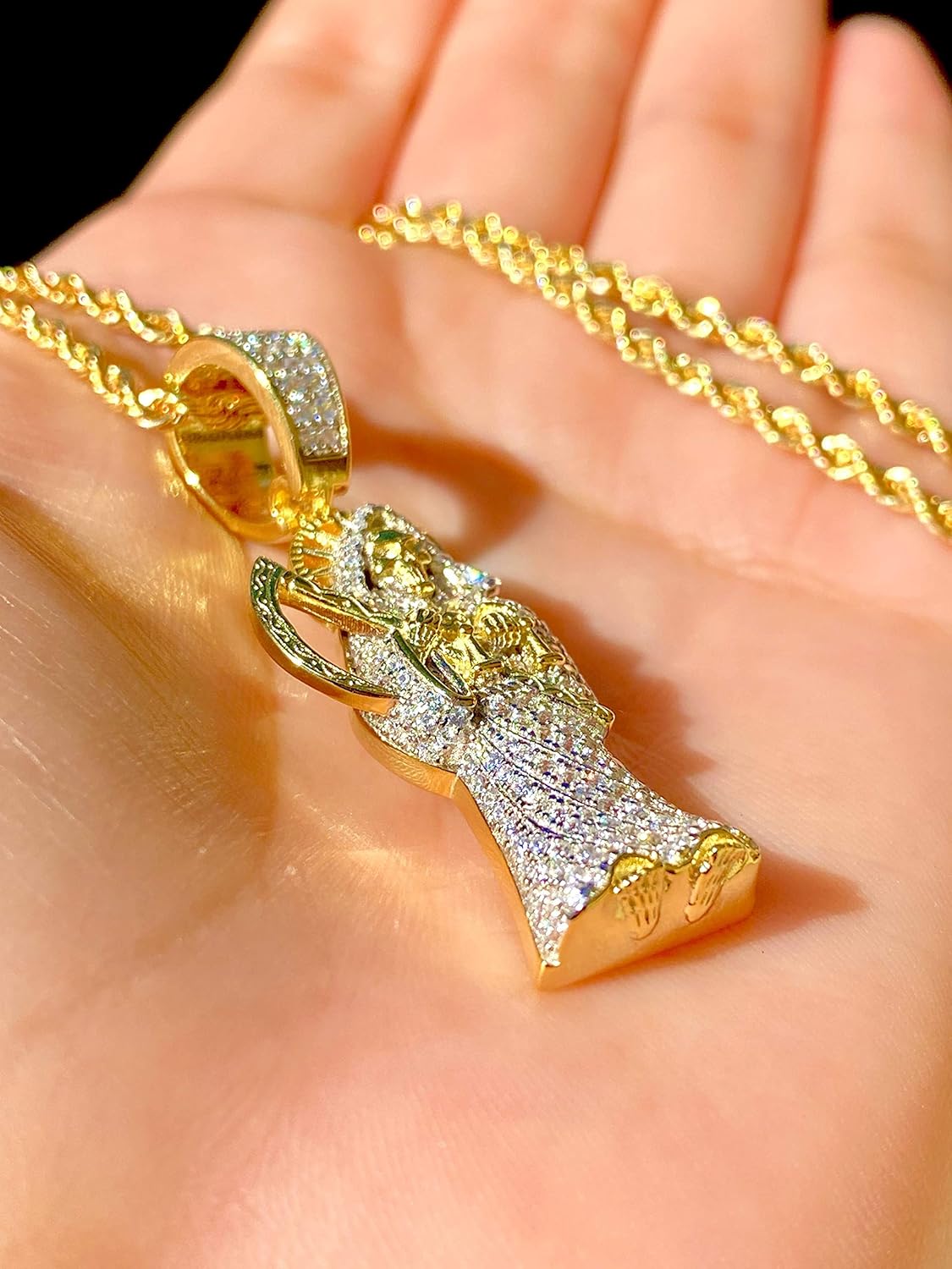 Iced Santa Muerte Men Women 925 Italy Gold Finish Iced Silver Charm Ice Out Pendant Stainless Steel Real 3 mm Rope Chain, Mans Jewelry, Iced Pendant, Rope Necklace 16"- 24" - Image 7