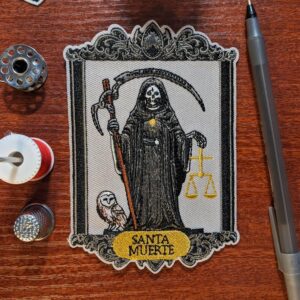 Santa Muerte Patch Folk Saint Our Lady of Holy Death Nuestra Señora de la Santa Muerte Grim Reaper Spiritual Protection Love Prosperity Good Health Fortune Healing Embroidered Iron On 5x3.5""