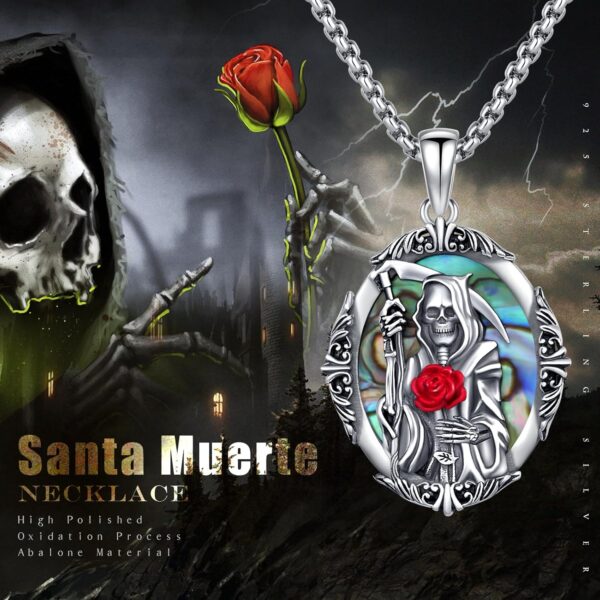 Santa Muerte Necklace 925 Sterling Silver Grim Reaper Medal Necklace Retro Death La Santa Muerte Necklace Jewelry for Men with Gifts Box - Image 7
