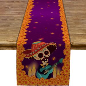 Sugar Skull Table Runner Mexico Dia De Los Muertos Marigold Coco Rustic Linen Day of The Dead Altar Decoration for Home Kitchen Dining Room -13x72 inch