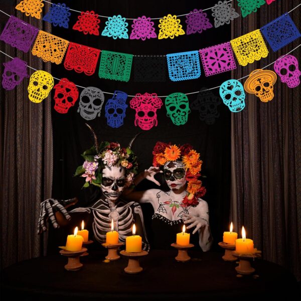 HOWAF 42pcs Day of The Dead Papel Picado Banner, Felt Dia De Los Muertos Sugar Skull Marigold Hanging Garland for Mexican Dia de Los Muertos Altar Decor, Colorful Cinco De Mayo Flag Banner - Image 7