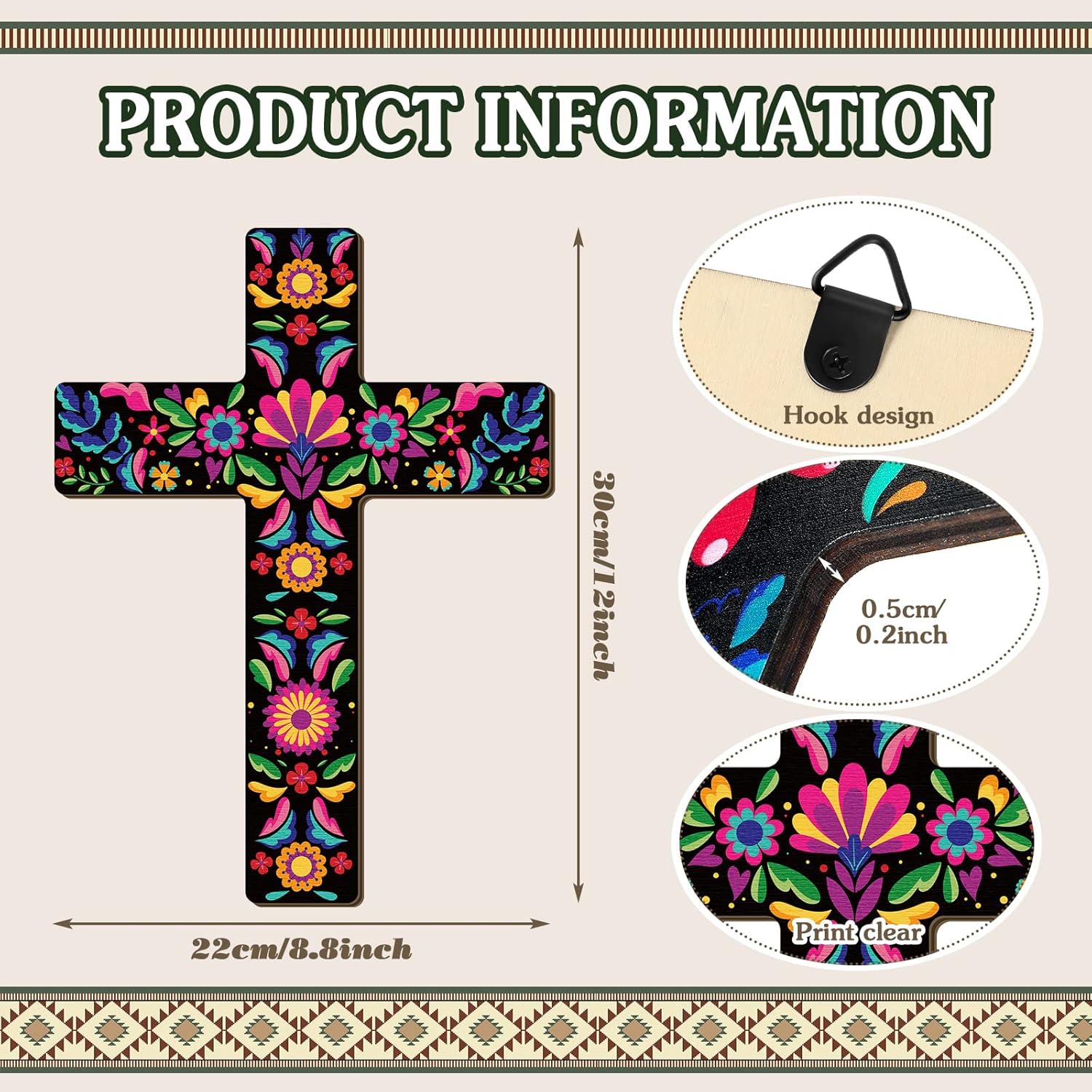 Pinkunn 2 Pcs Floral Cross Wall Decor Mexican Cross Decor Hand Painted Wood Wall Art Mexican Wall Art Spanish Style Crucifix Wall Cross for Home Room Church Decoration (8.7 x 11.8 inches) - Image 2