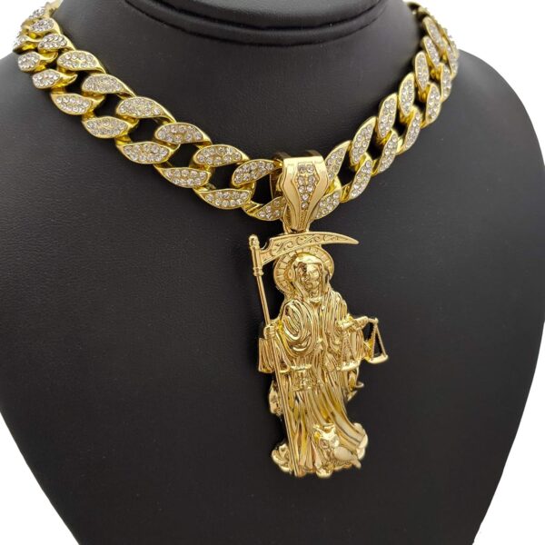 Hip Hop Gold PT Saint Death Santa Muerte Pendant & 16" 18" 20" Iced Cuban Choker Chain Necklace - Image 2