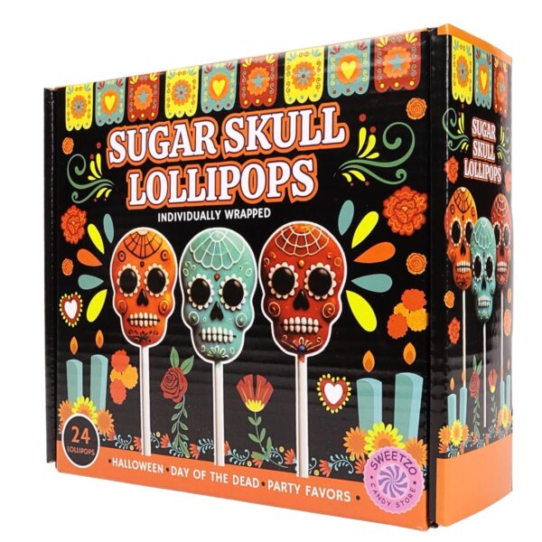 Sweetzo Halloween Sugar Skull Candy Lollipops, Individually Wrapped Dia De Los Muertos Suckers, Strawberry, Orange and Blueberry Flavored (24 Pieces) - Image 5