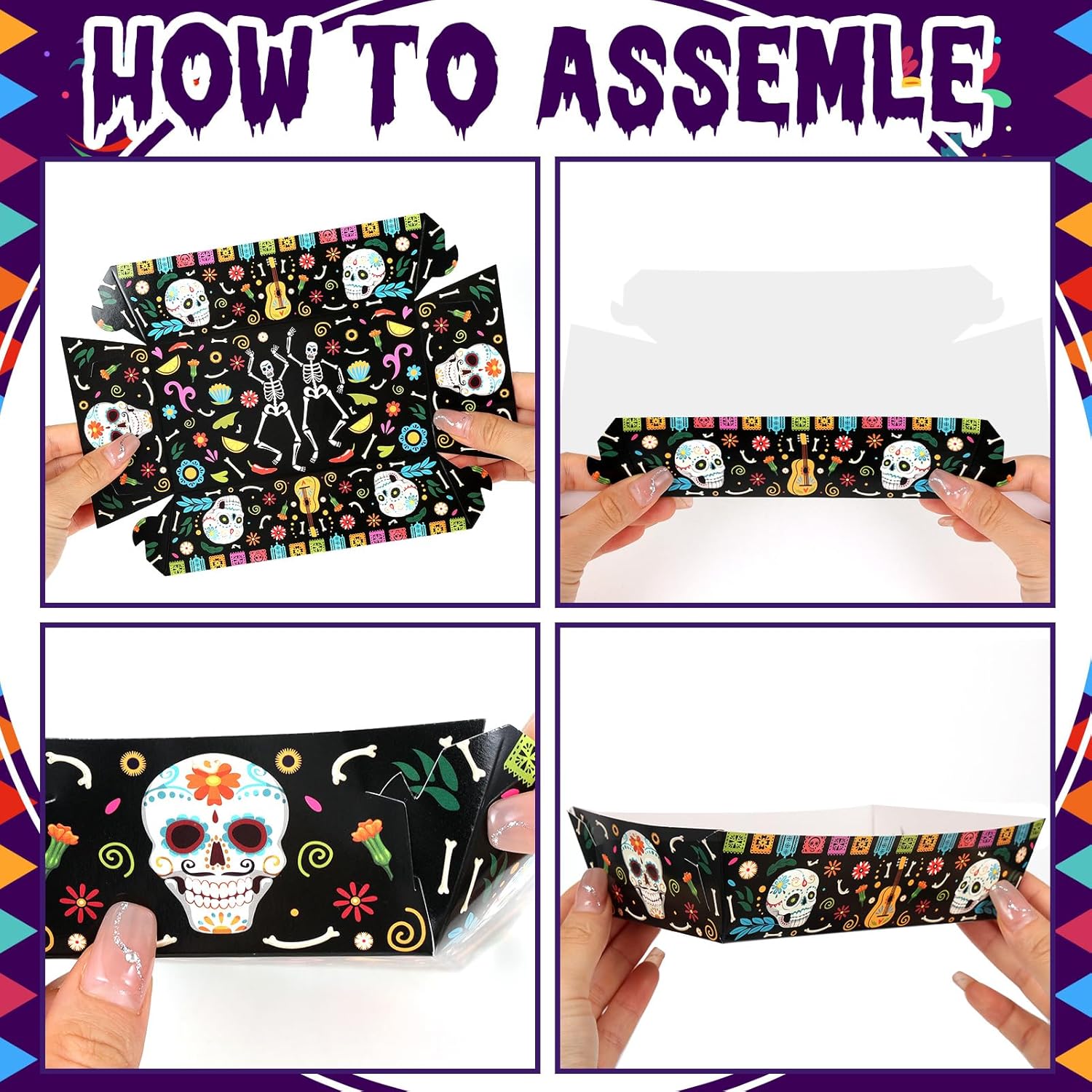 HOWAF 24 Pcs Day of The Dead Food Trays Sugar Skull Paper Food Boats for Mexican Dia De Los Muertos Decoration Supplies, Mexican Fiesta Disposable Tray Halloween Food Tray for Chips, Nachos,Candy - Image 3