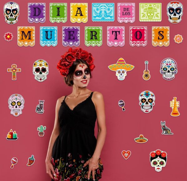 JUESMOS Day of The Dead Decorations Sugar Skull Cutouts Halloween Decor Dia De Los Muertos Colorful Skull Cutouts for Kids Students Classroom Bulletin Board Wall Decor Mexican Fiesta Party Supplies - Image 3