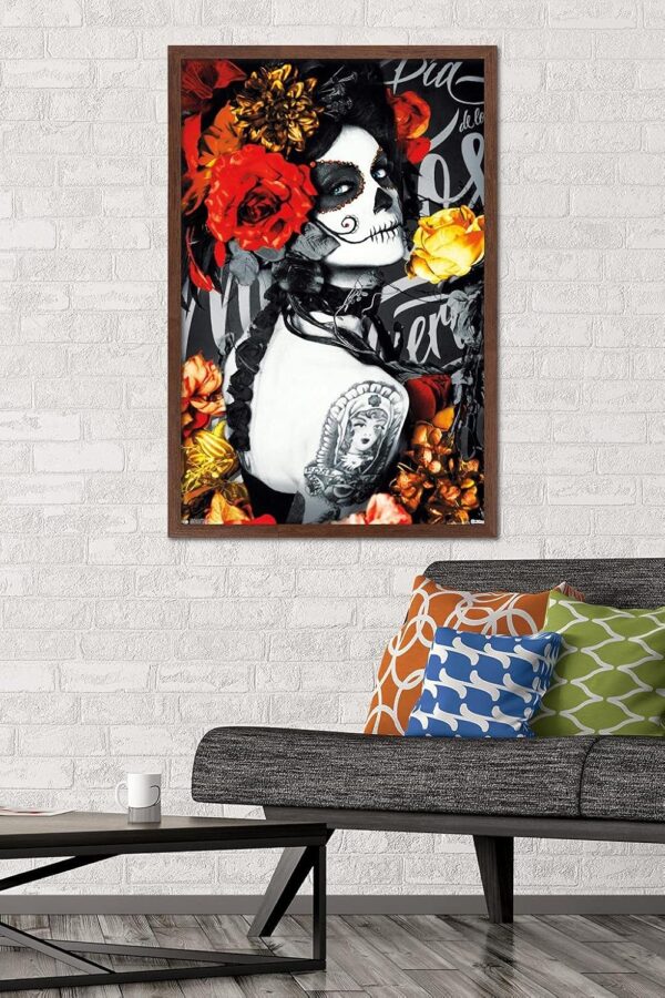Trends International Día De Los Muertos - Tattoo Wall Poster, 22.375" x 34", Mahogany Framed Version - Image 2