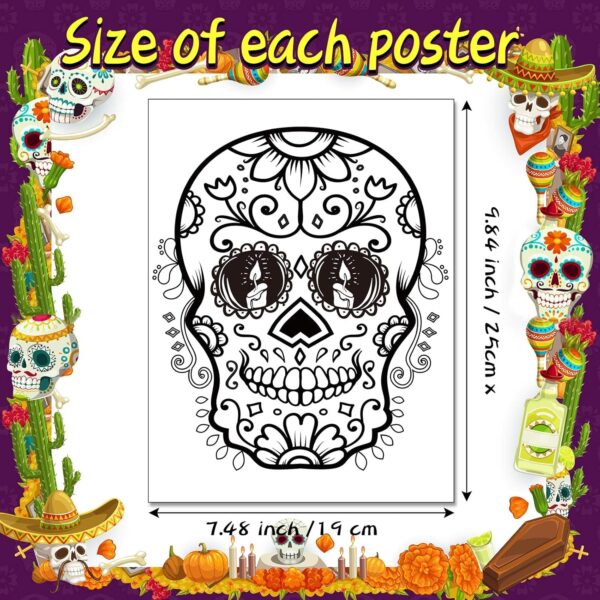 32 Pieces Day of The Dead Coloring Posters Sugar Skull Paper Coloring Poster for Kids or Adults Halloween and Dia De Los Muertos Craft Painting Activity - Image 3