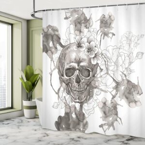 Ambesonne Day of The Dead Shower Curtain, Painting Skull Flowers Dia de Los Muertos Designed Print, Cloth Fabric Bathroom Decor Set with Hooks, 69" W x 70" L, Dimgrey and White