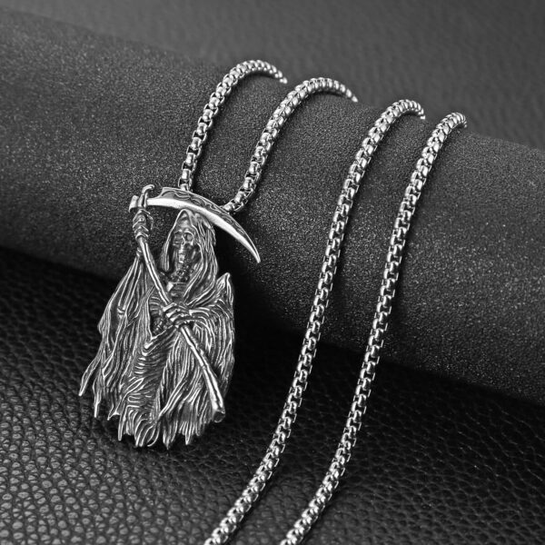 HZMAN Santa Muerte Necklace for Men Stainless Steel Gothic Grim Reaper Saint Death Sickle Skull Pendant Necklace Jewelry Gift - Image 4