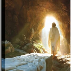Christian Jesus Wall Art Jesus Leaves the Tomb Canvas Painting Resurrected Savior Leaves the Tomb Posters Prints He Is Risen Pictures for Church Home Bedroom living room Home Wall Decor Framed