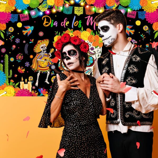 Mocsicka Day of The Dead Banner Mexican Dia DE Los Muertos Backdrop Sugar Skull Tombstone Fiesta Marigold Carnival Dress-up Day of The Dead Party Decorations Photo Booth Props - Image 6