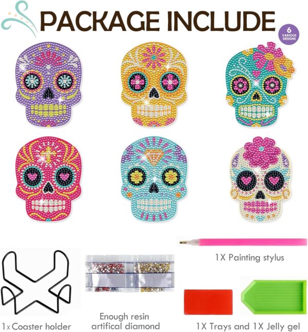 Sugar Skull Diamond Art Coasters - 6 PCS DIY Colorful Diamond Painting Coasters Kits Home Table Decor Art Craft Supplies The Day of Dead Día De Los Muertos Gift for Skull Lovers Mexicans - Image 4