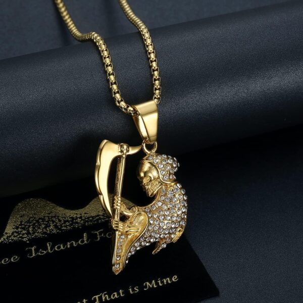 18K Gold Plated Skull Charm Holy Death Pendant Punk Rock Stainless Steel Necklace, 24 Inch 7mm Miami Cuban Chain Santa Muerte (Santisima Muerte) Jewelry Gift - Image 3