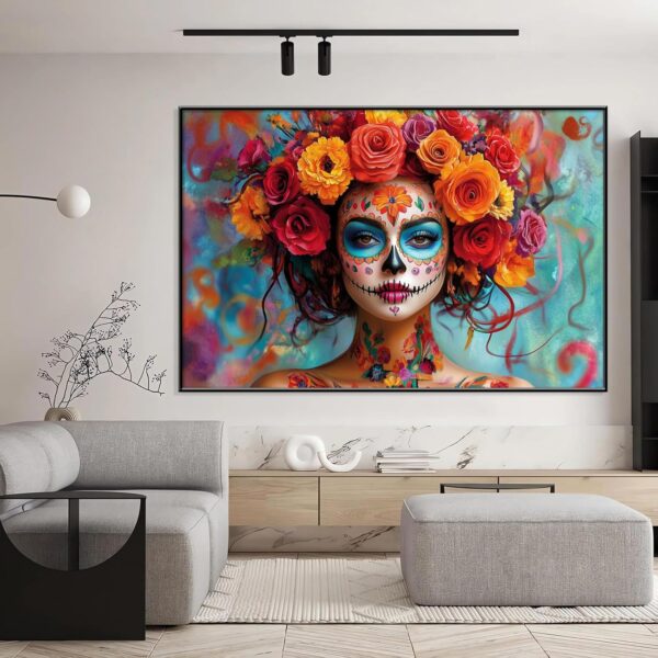 Day of The Dead Canvas Print, Dia De Los Muertos Canvas Wall Art, Woman in Calavera Makeup Art, Sugar Skull Witch Print, Dia De Los Muertos Picture Wall Decor, Mexican Dia De Los Muertos (Black Framed, 36"x24"|92x62cm) - Image 3