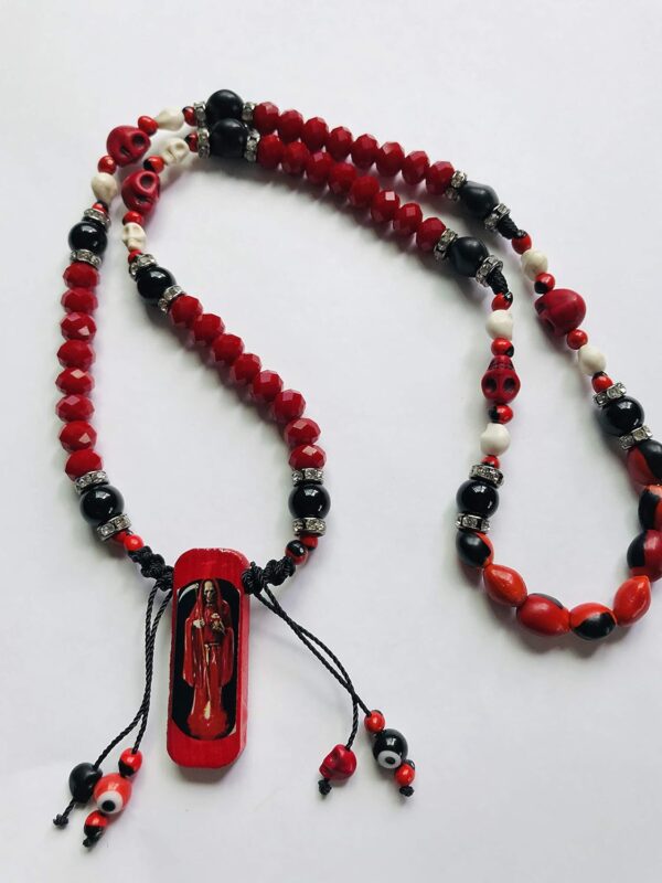 Santuario Jewelry Santa Muerte Necklace Skull and Red/Black Beads Handmade Rosary Pendant - Image 2