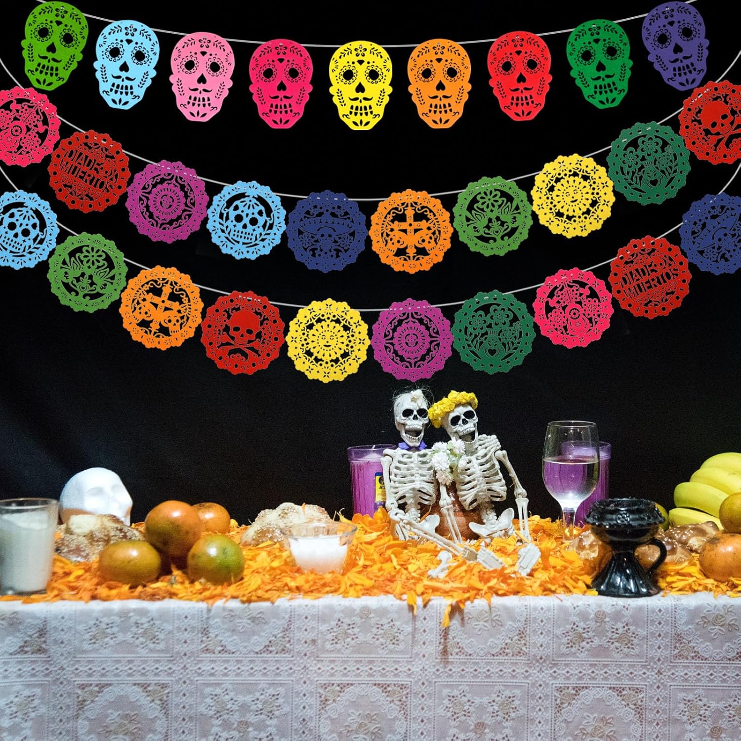 HOWAF 3 Pack Day of The Dead Felt Decorations, Dia De Los Muertos Papel Picado Hanging Mexican Skull Felt Bunting Banner for Fiesta Day of The Dead Garland - Image 6