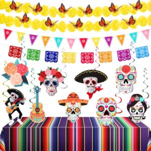 30 Pcs Day of the Dead Decorations Set Altar De Ofrendas Marigold Garland Mexican Banners Serape Tablecloth Skull Hanging Swirl Monarch Butterfly for Dia De Los Muertos Fiesta Party (Yellow)