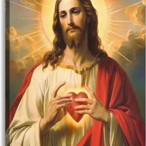 Sacred Heart of Jesus Canvas Wall Art Jesus Portrait Picture Jesus Divine Mercy Painting Jesus Christ Prints Christian Catholic Religious Wall Decor for Living Room Bedroom 12x16in Framed