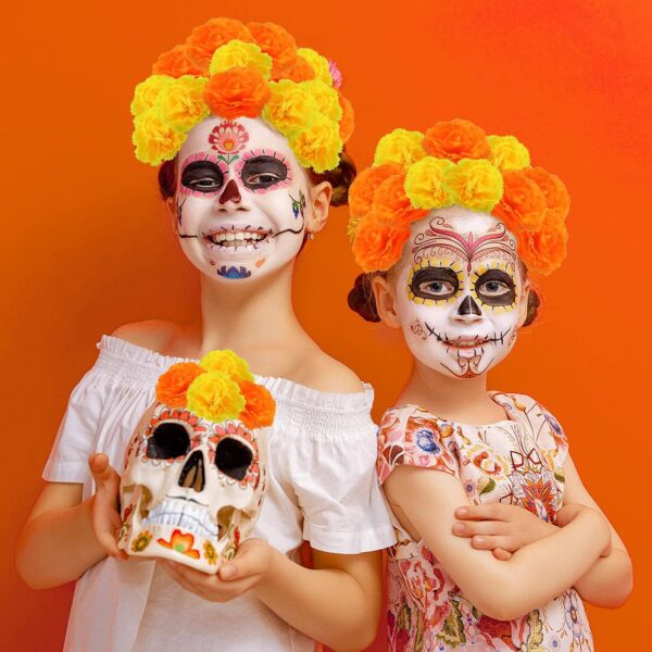 Artificial Marigold Flowers - 50 Pcs Halloween Decoration Orange Marigold Head Silk Fake Paper Flowers Garland Dia De Los Muertos Decor for Festival Backdrop (Orange) - Image 3