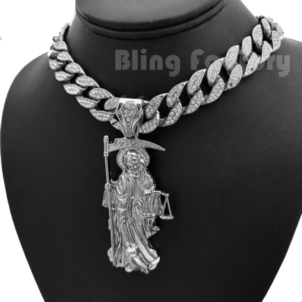 Hip Hop White Gold PT Saint Death Santa Muerte Pendant & 16" 18" 20" Iced Cuban Choker Chain Necklace - Image 2