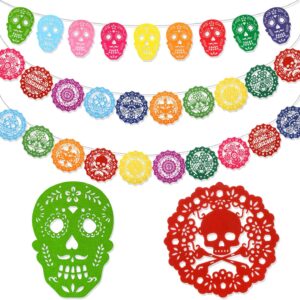 HOWAF 3 Pack Day of The Dead Felt Decorations, Dia De Los Muertos Papel Picado Hanging Mexican Skull Felt Bunting Banner for Fiesta Day of The Dead Garland
