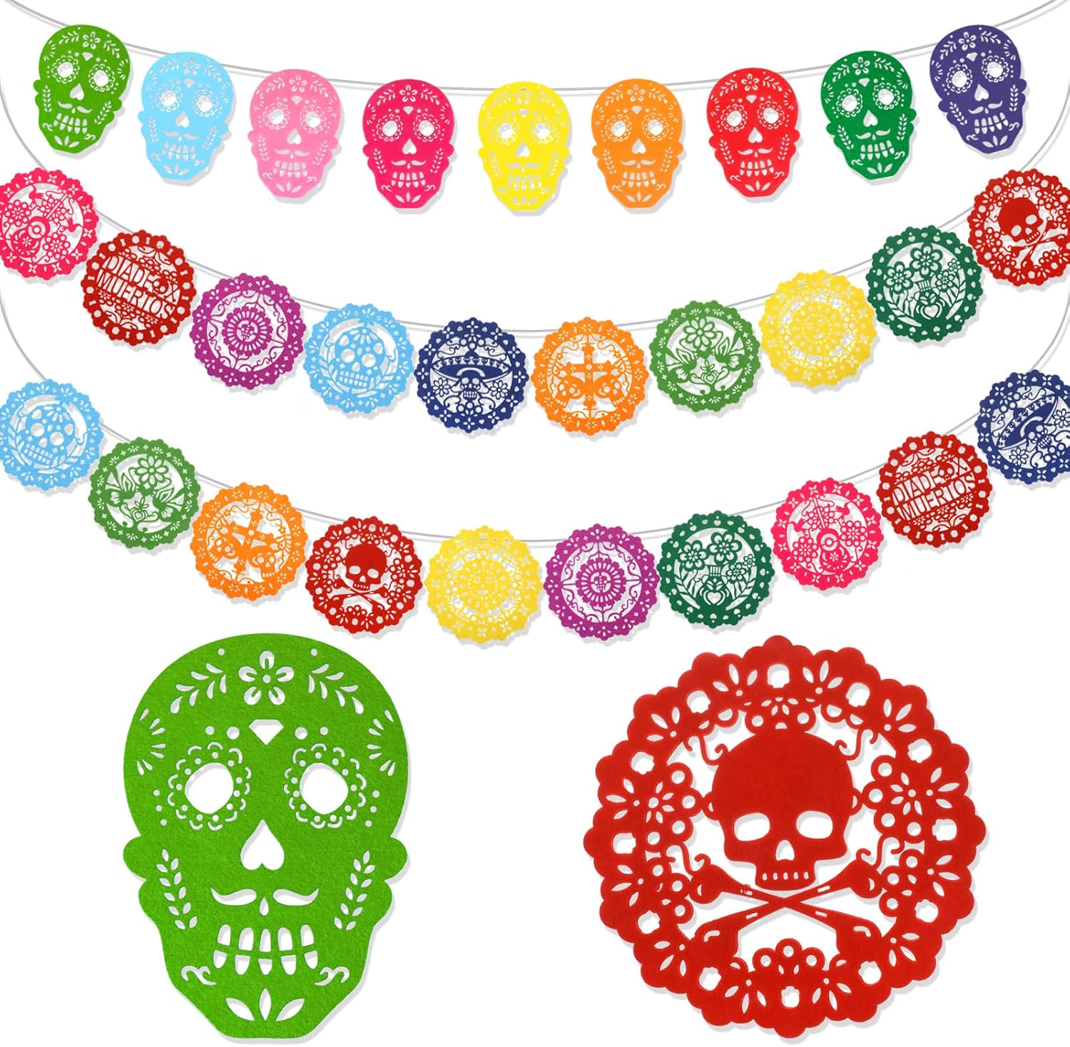 HOWAF 3 Pack Day of The Dead Felt Decorations, Dia De Los Muertos Papel Picado Hanging Mexican Skull Felt Bunting Banner for Fiesta Day of The Dead Garland