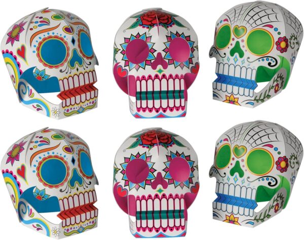 Beistle 6 Piece Three Dimensional Sugar Skull Day of The Dead Centerpieces Eye-Catching Dia De Los Muertos Party Decorations, Made in USA Since 1900, 5" x 4.5", Multicolor