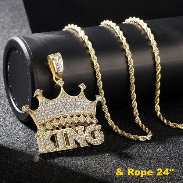 HH BLING EMPIRE 14k Gold Silver Plated Hip Ho Rapper Pendant Chain Necklace for Men, Iced Out Diamond King Pendant with Rope Tennis Chains 22 Inch - Image 5
