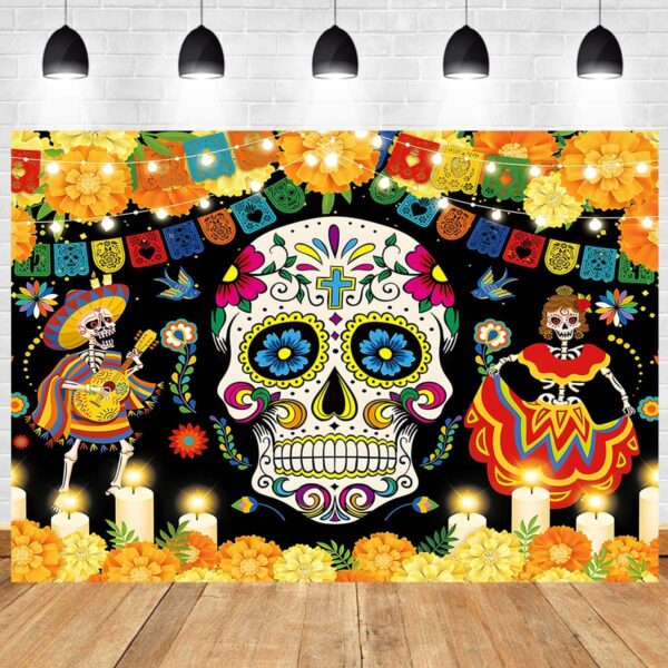 InMemory Day of The Dead Backdrop Mexican Fiesta Sugar Skull Marigold Paper Cutting Dia de Los Muertos Carnival Dress-Up Party Decoration Banner Cake Table Photo Booth Photography Background 7x5ft