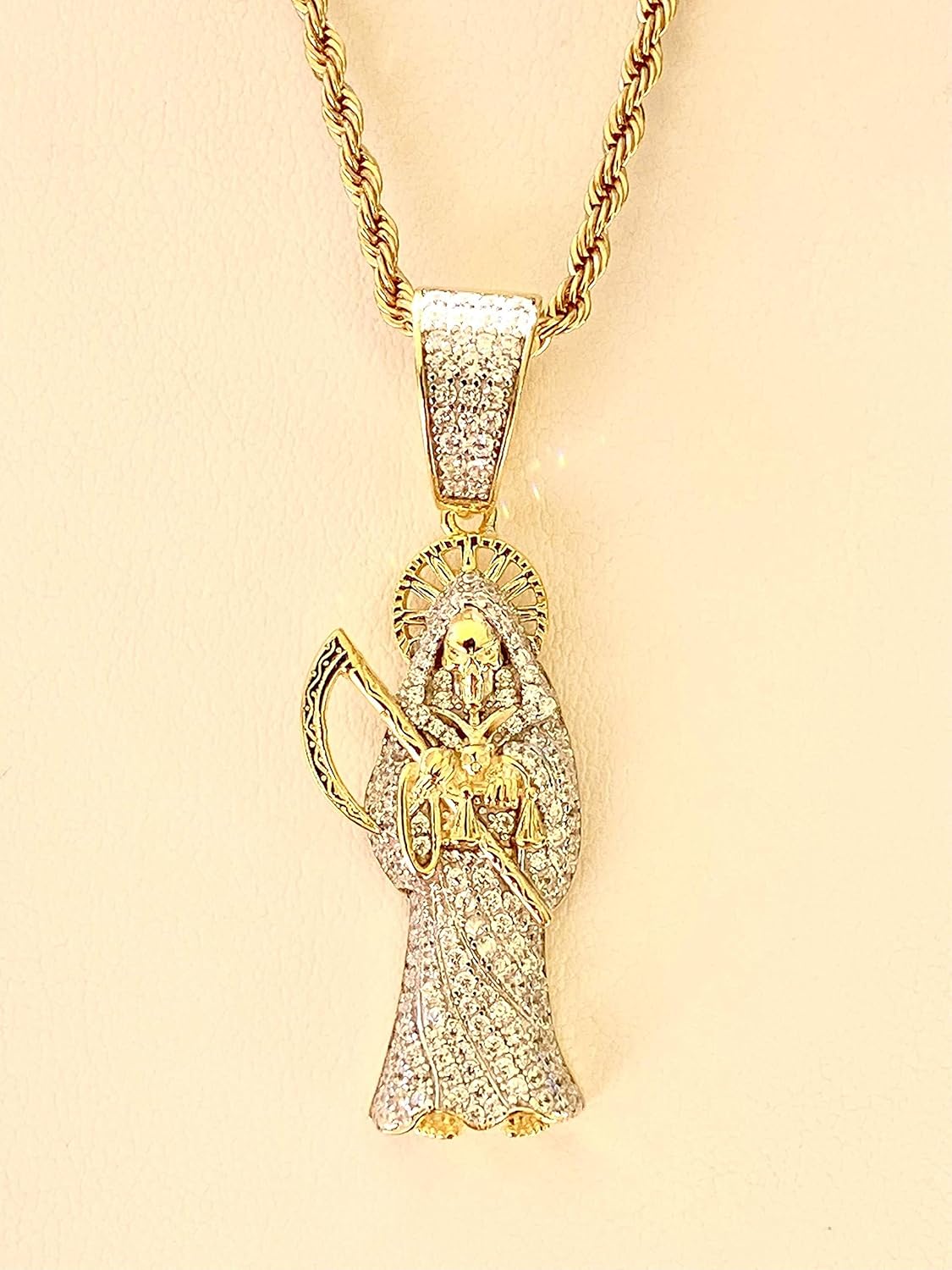 Iced Santa Muerte Men Women 925 Italy Gold Finish Iced Silver Charm Ice Out Pendant Stainless Steel Real 3 mm Rope Chain, Mans Jewelry, Iced Pendant, Rope Necklace 16"- 24" - Image 5