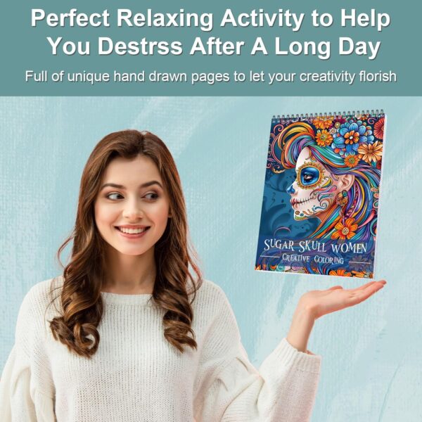 Sugar Skull Women Coloring Book for Adult Spiral Bound, Adult Coloring Book for Women Relaxation, Thick Paper 24 Pages One Sided Design, Mindfulness Easter Gifts for Adults - Image 4
