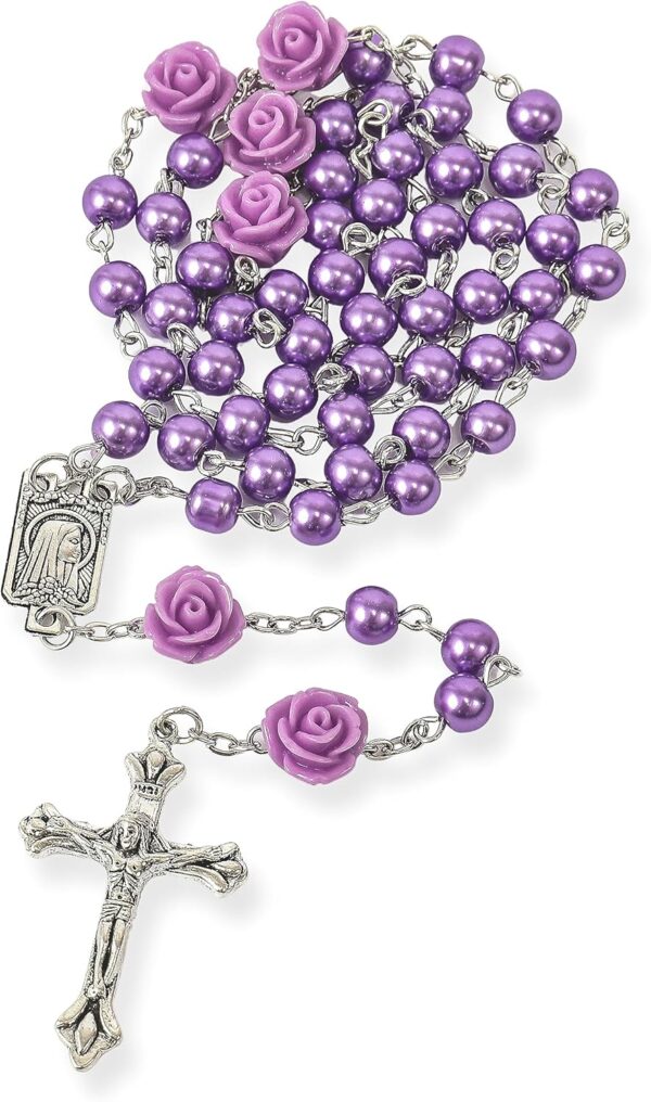 Nazareth Store Catholic Purple Pearl Beads Rosary Necklace Our Rose Lourdes Medal & Cross NS - Image 4
