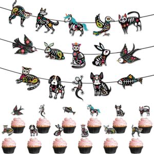 Day of The Dead Party Decoration Set, Sugar Skull Animals Party Banner and 12 Pcs Cupcake Toppers for Day of The Dead Halloween Dia De Los Muertos Party