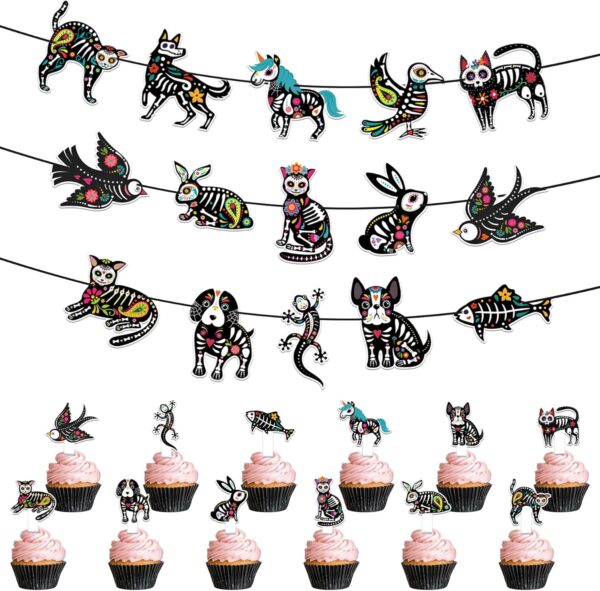 Day of The Dead Party Decoration Set, Sugar Skull Animals Party Banner and 12 Pcs Cupcake Toppers for Day of The Dead Halloween Dia De Los Muertos Party