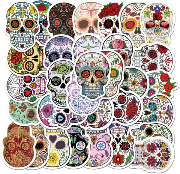 Tuqiso 50 Pieces Skull Stickers Halloween Sugar Skull Decals Dia de Los Muertos Mexican Day of Dead Sticker for Laptop Water Bottle Luggage Bike Computer - Image 2