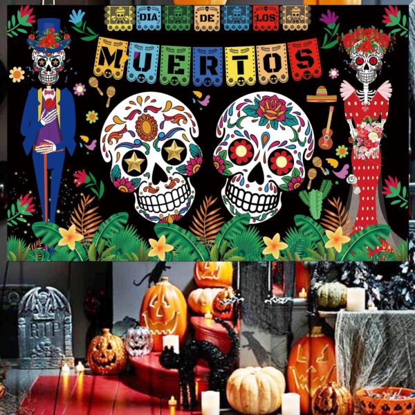 Day of The Dead Backdrop Dia DE Los Muertos Extra Large Fabric Banner for Halloween Party Mexican Fiesta Skull Photography Party Decoration - Image 4