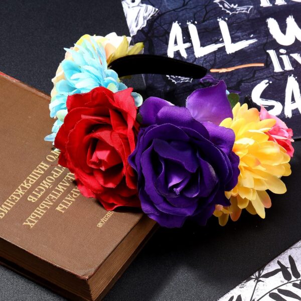 WILLBOND 3 Pcs Mexican Rose Flower Crown Headband Easter Mardi Gras Headpiece Cosplay Headgear for Party - Image 3