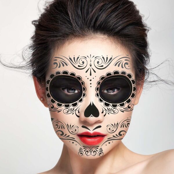 COKOHAPPY Halloween Temporary Face Tattoos Makeup Kit (13 Pack), Day of the Dead Sugar Skull Floral Black Skeleton Web Red Roses Full Face Mask Stickers Tattoo Families Party Supplies - Image 6