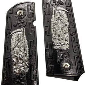 1911 Full-Size Metal Grips with Ambi Safety Cut - Santa Muerte Black and Silver Design, Intricate Patterns, Fits 1911 Government/Commander Models