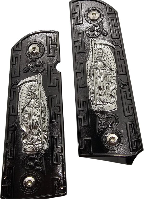 1911 Full-Size Metal Grips with Ambi Safety Cut - Santa Muerte Black and Silver Design, Intricate Patterns, Fits 1911 Government/Commander Models