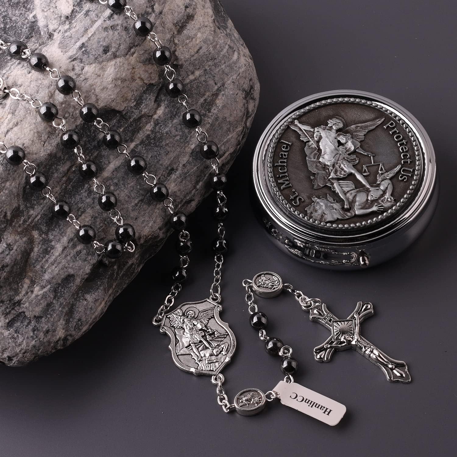 HanlinCC Saint Michael the Archangel Hematite Black Stone Beads Rosary Necklace with Metal Gift Box for Men - Image 7