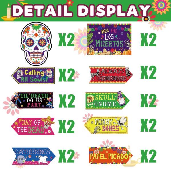 20 Pieces Day of the Dead Decorations Dia de los Muertos Sign Halloween Day of the Dead Party Supplies for Indoor Outdoor Mexican Festival Holiday Wall Porch Yard Front Door Sign - Image 3