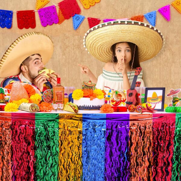 Mega-L Cinco de Mayo Decorations, 2 Pack Fiesta Party Wavy Metallic Tinsel Foil Fringe Table Skirts, Perfect Mexican Themed Decors for Mexican Taco Dia De Los Muertos Birthday Party Table Bar Decor - Image 2