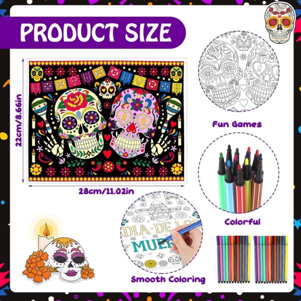 HOWAF 24 PCS Sugar Skull Day of The Dead Coloring Placemats with 24 Paint Pens,Dia De Los Muertos Disposable Table Mat for Classroom DIY Activities Halloween Coloring Paper Placemats - Image 2