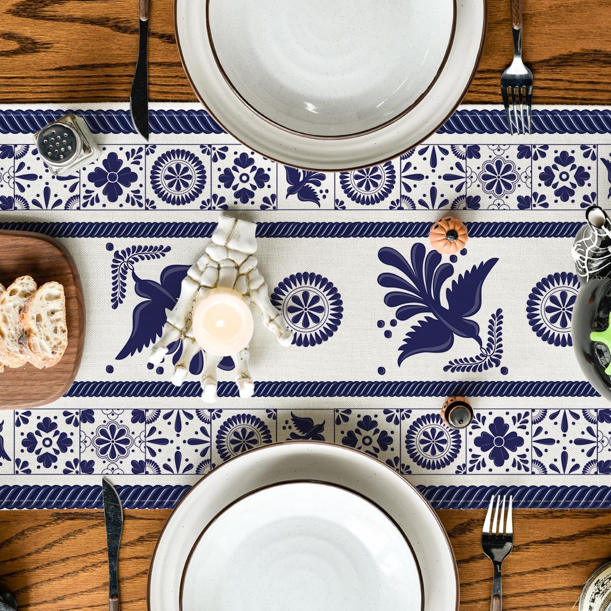 Artoid Mode Floral Bird Dia De Los Muertos Mexican Table Runner, Blue Patchwork Tiles Kitchen Dining Table Decoration for Home Party Decor 13x72 Inch - Image 4