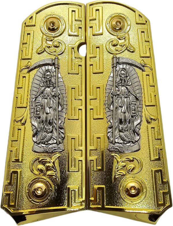 1911 Full-Size Metal Grips with Ambi Safety Cut - Santa Muerte Gold and Silver Design, Intricate Patterns, Fits 1911 Government/Commander Models - Image 3
